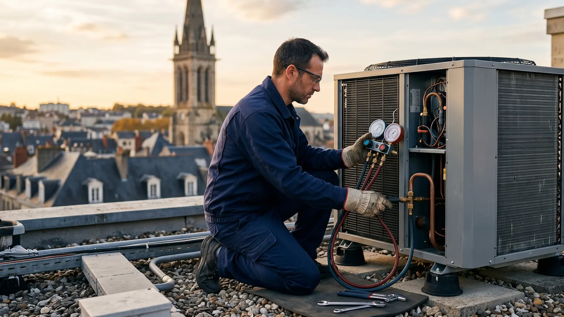 Formation fluides frigorigènes Limoges — technicien frigoriste sur pompe à chaleur tertiaire en centre-ville historique