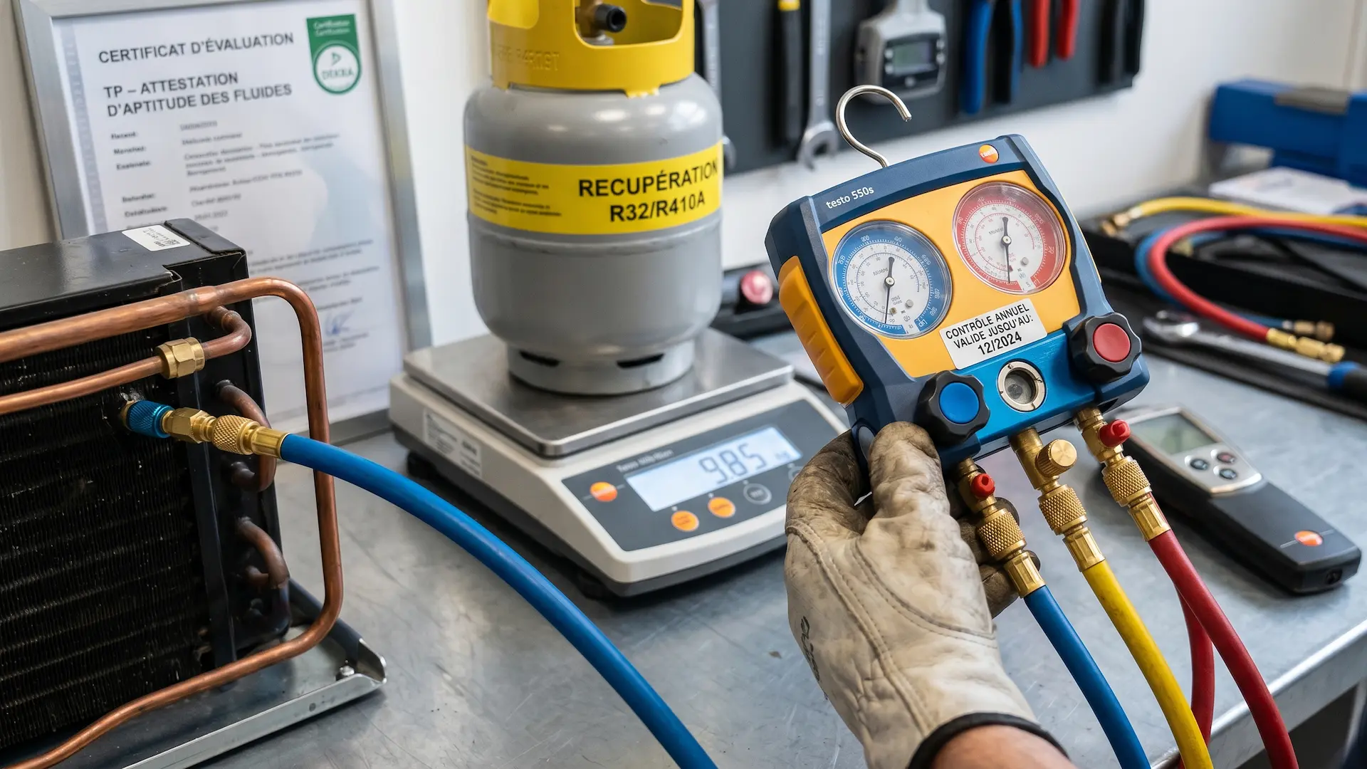 Formation intra-entreprise fluides frigorigènes — technicien en formation sur site avec analyseur Testo 550s